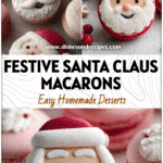 Colorful Santa Claus macarons arranged on a tray with holiday decorations and festive packaging.